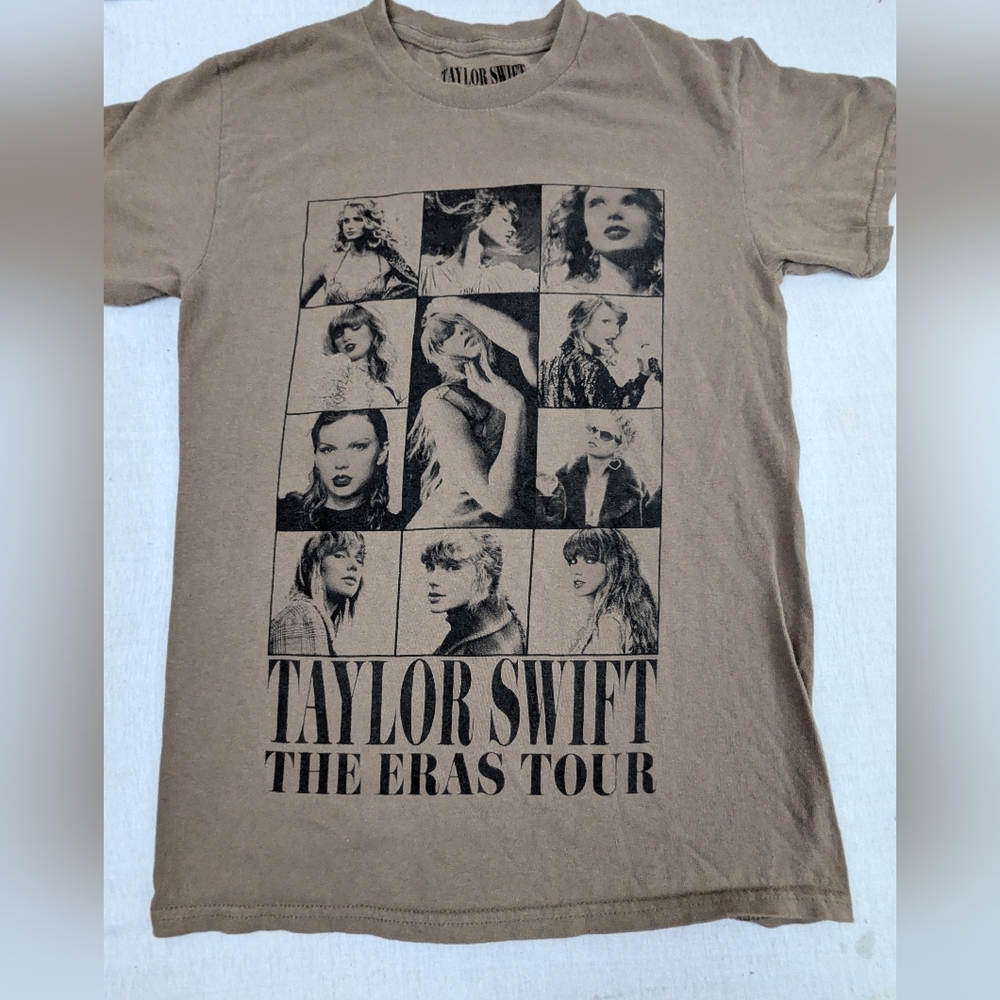 Taylor Swift 2023 Eras Tour Tan Tee Collage Pics Front Cities/States Back Small